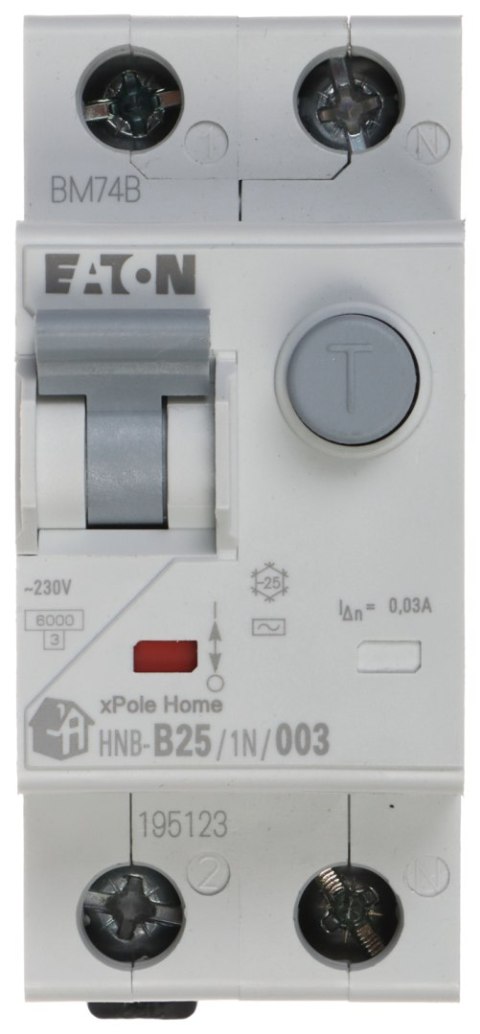 WYŁĄCZNIK RÓŻNICOWO-NADPRĄDOWY HNB-B25/1N/003 JEDNOFAZOWY, TYP AC 30 mA 25 A EATON