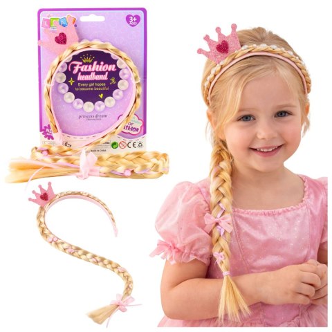 Opaska Z Długim Warkoczem Różowa Wstążka Diamenty Korona 50 cm