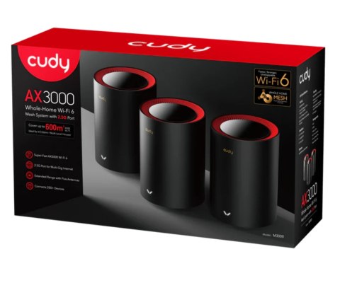 DOMOWY SYSTEM WI-FI MESH M3000(3-PACK)-BLACK Wi-Fi 6 2.4 GHz, 5 GHz, 574 Mb/s + 2402 Mb/s CUDY