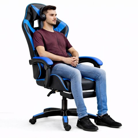 Fotel Gamingowy LEAN Obrotowy Biurowy Z Podnóżkiem Poduszki Czarno-Niebieski