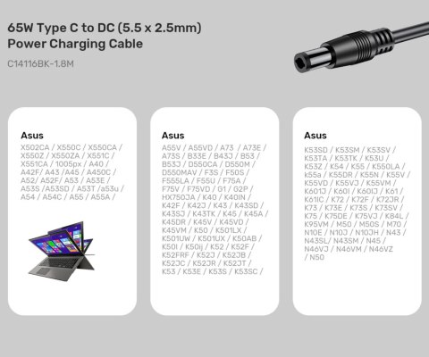 KABEL ZASILAJĄCY C14116BK-1.8M DC JACK 5.5 X 2.5 MM / USB-C 1.8 m UNITEK