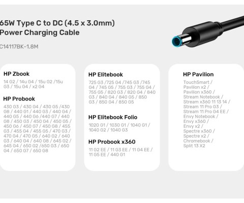 KABEL ZASILAJĄCY C14117BK-1.8M DC Jack 4.5 x 3.0 / USB-C 1.8 m UNITEK