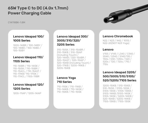 KABEL ZASILAJĄCY C14118BK-1.8M DC Jack 4.0 x 1.7 mm / USB-C 1.8 m UNITEK