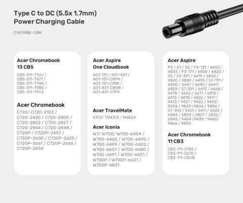 KABEL ZASILAJĄCY C14119BK-1.8M USB-C / DC-1.7/5.5-W 1.8 m UNITEK