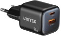 Ładowarka sieciowa Unitek GaN 20W, USB-C, USB-A, PD 3.0, czarna