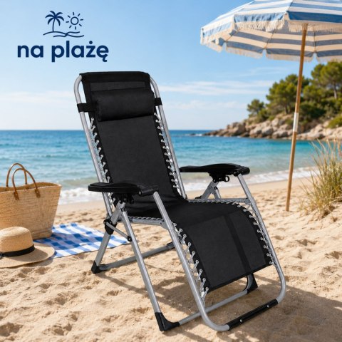 Leżak Ogrodowy Plażowy Składany Zero Gravity Zagłówek Stalowy Czarny