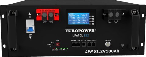 Magazyn energii LiFePO4 EUROPOWER serii LFP 51,2V 100Ah BMS, LCD (Żywotność ~5000 cykli) + STOJAK
