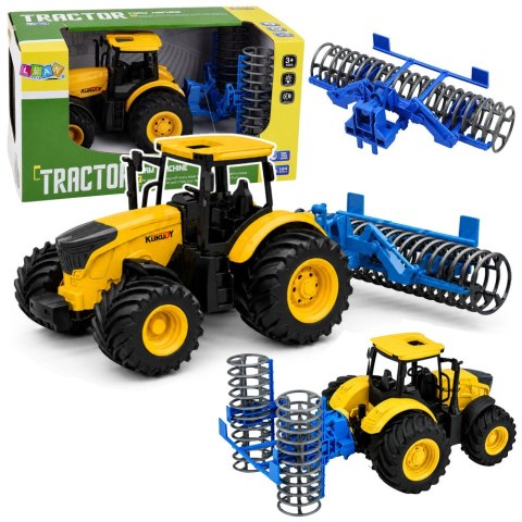 Traktor Rolniczy Farmerski z Wałem Uprawowym Światła Dźwięki Żółty 1:24
