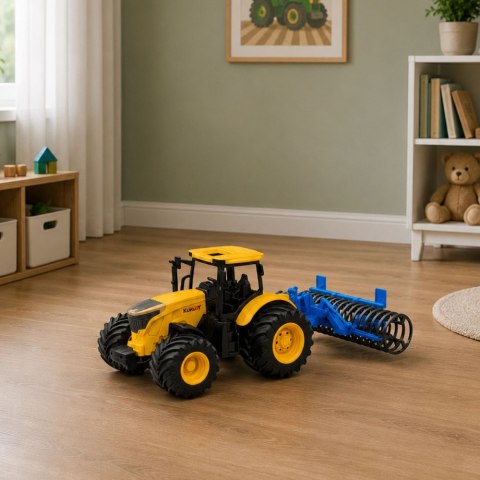 Traktor Rolniczy Farmerski z Wałem Uprawowym Światła Dźwięki Żółty 1:24