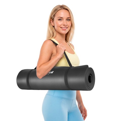 Mata gimnastyczna do ćwiczeń joga, pilates, fitness, 183x61cm, grubość 1 cm, materiał NBR, czarna, REBEL ACTIVE