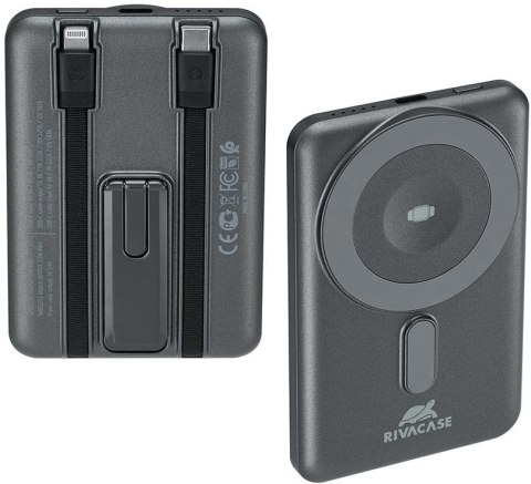 Powerbank Rivacase 5000mAh 22.5W PD Qi Magsafe 1x USB-C VA2607 szary + kabel USB-C i Lightning