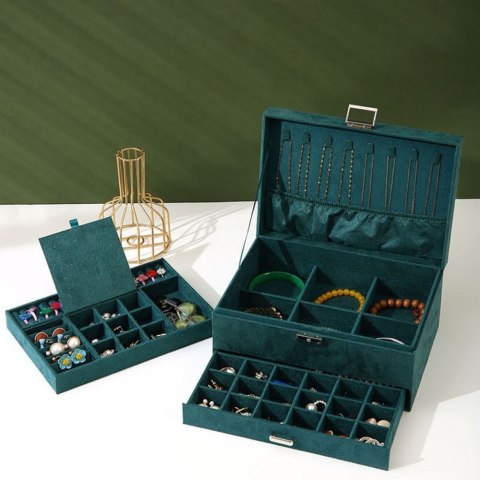 Szkatułka Organizer Na Biżuterię Z Szufladą i Kluczykiem Welurowa Zielona