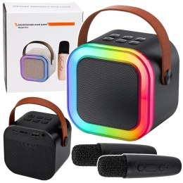 Zestaw Do Karaoke Głośnik Bluetooth Dwa Mikrofony Światła LED Czarny