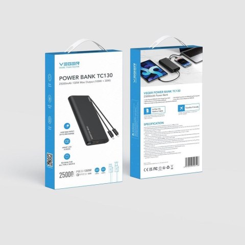 Powerbank Veger 25000 mAh 130 W PD QC 3.0 USB-A USB-C czarny z kablami