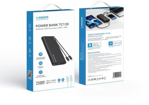 Powerbank Veger 25000 mAh 130 W PD QC 3.0 USB-A USB-C czarny z kablami