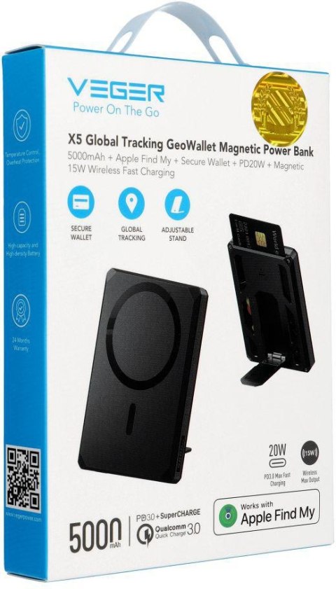 Powerbank Veger GeoWallet Tracker X5 5000 mAh 20 W PD QC 3.0 MFi MagSafe