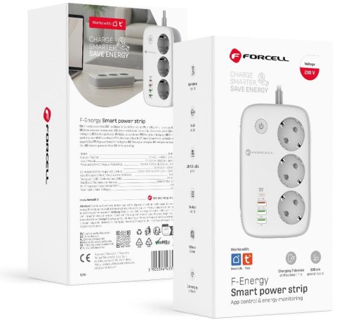 Listwa sieciowa Forcell F-Energy 3x schuko, USB-C 30W, 3x USB-A 2500W 10A