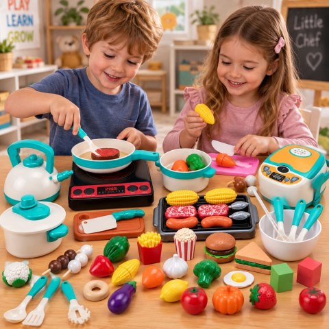 Zestaw Kuchenny Dla Dzieci Kuchenka Garnki Produkty Spożywcze Dźwięki 90el.