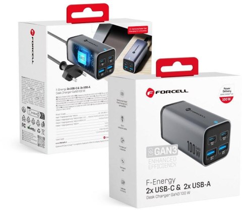 Ładowarka biurkowa Forcell F-Energy GaN III 2x USB-C 2x USB-A QC 4.0 PD 5A 100W VT-49 szara