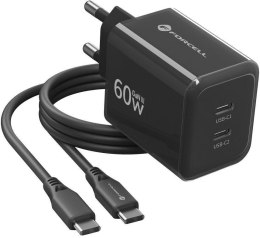 Ładowarka sieciowa Forcell F-Energy GaN III VT-60 60W PD QC 4.0+ 2x USB-C czarna + kabel USB-C