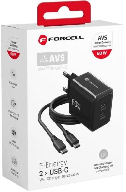 Ładowarka sieciowa Forcell F-Energy GaN III VT-60 60W PD QC 4.0+ 2x USB-C czarna + kabel USB-C