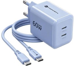 Ładowarka sieciowa Forcell F-Energy GaN III VT-60 60W PD QC 4.0+ 2x USB-C niebieska + kabel USB-C