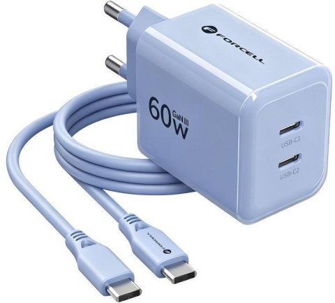 Ładowarka sieciowa Forcell F-Energy GaN III VT-60 60W PD QC 4.0+ 2x USB-C niebieska + kabel USB-C