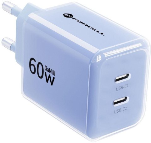 Ładowarka sieciowa Forcell F-Energy GaN III VT-60 60W PD QC 4.0+ 2x USB-C niebieska + kabel USB-C