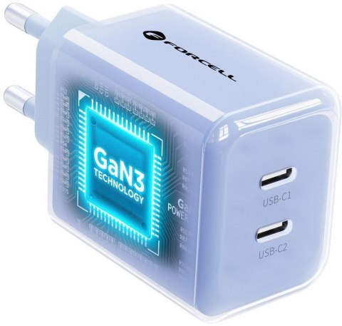 Ładowarka sieciowa Forcell F-Energy GaN III VT-60 60W PD QC 4.0+ 2x USB-C niebieska + kabel USB-C