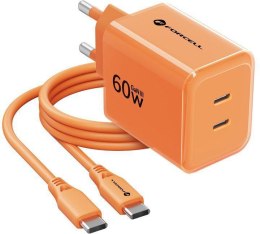 Ładowarka sieciowa Forcell F-Energy GaN III VT-60 60W PD QC 4.0+ 2x USB-C pomarańczowa + kabel USB-C